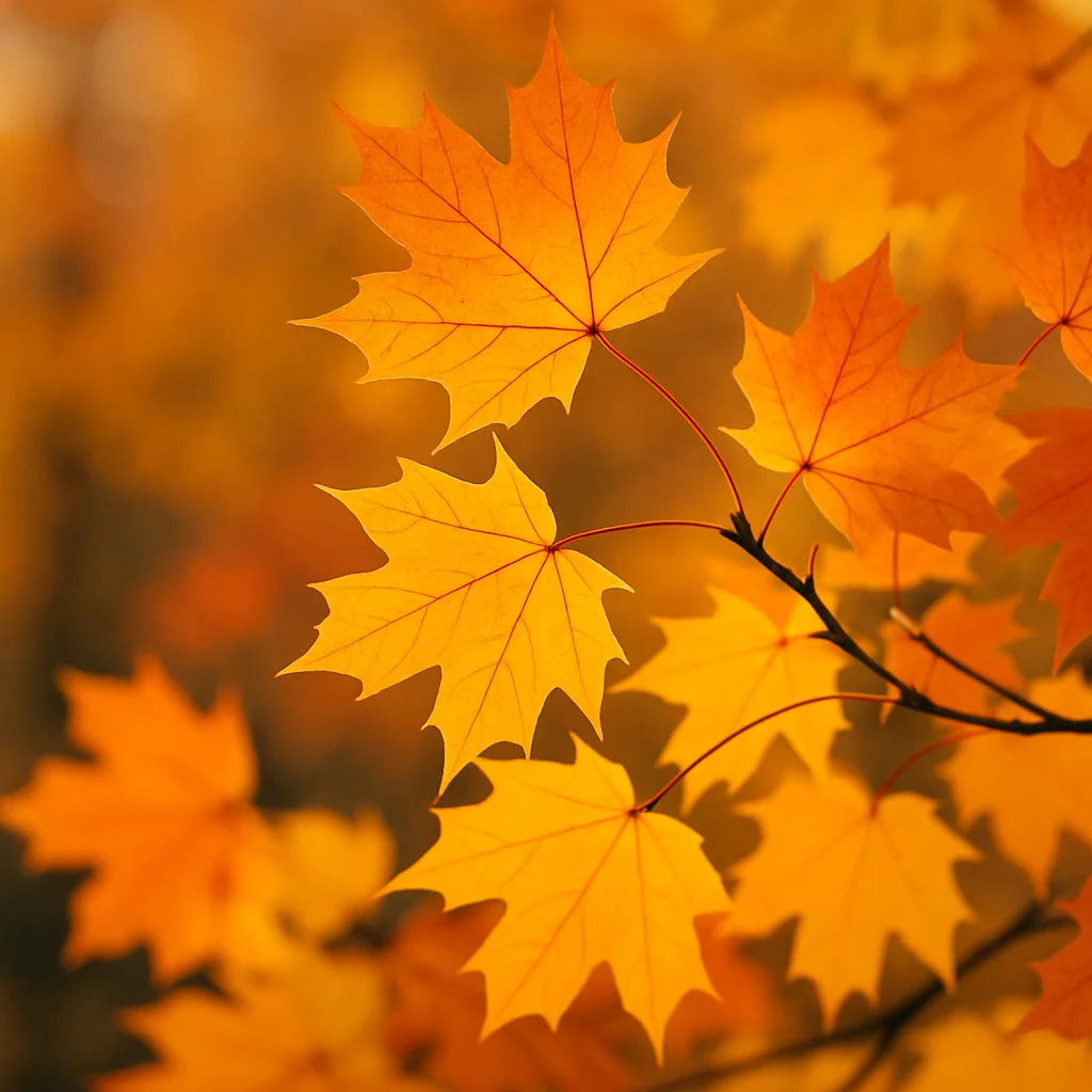 Jigsaw puzzle: Close-up of several bright orange and yellow maple leaves on a branch bathed in warm light.