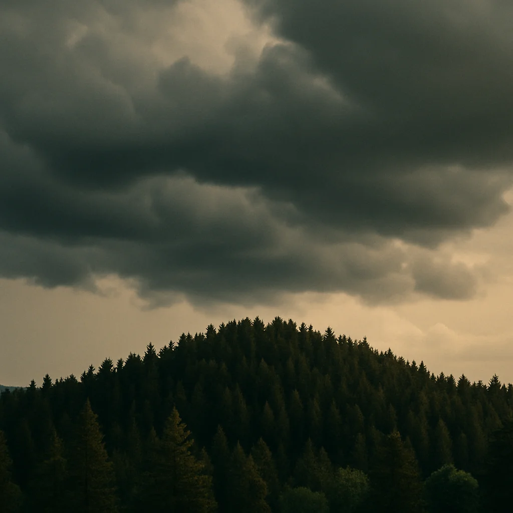 Jigsaw puzzle: Dense pine forest covers a hill beneath heavy, dark storm clouds in the sky.