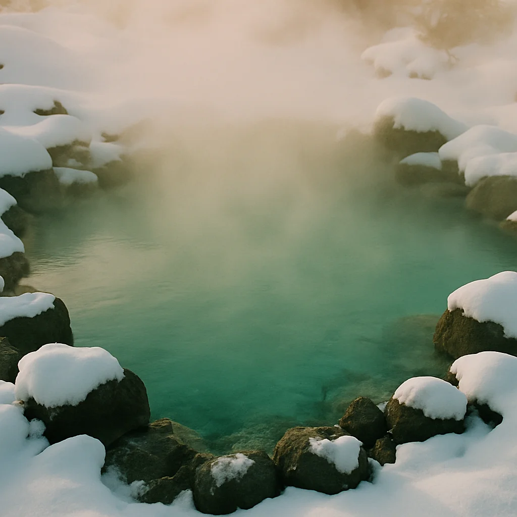 Jigsaw puzzle: A steaming turquoise hot spring is surrounded by snow-covered rocks and ground.