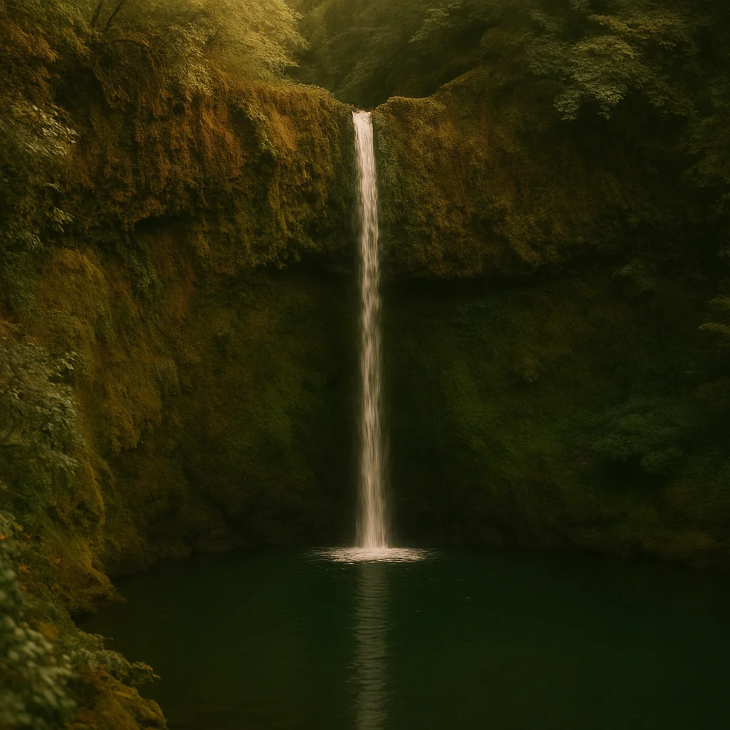 Jigsaw puzzle: A tall, narrow waterfall plunges into a dark green pool surrounded by lush, mossy cliffs.