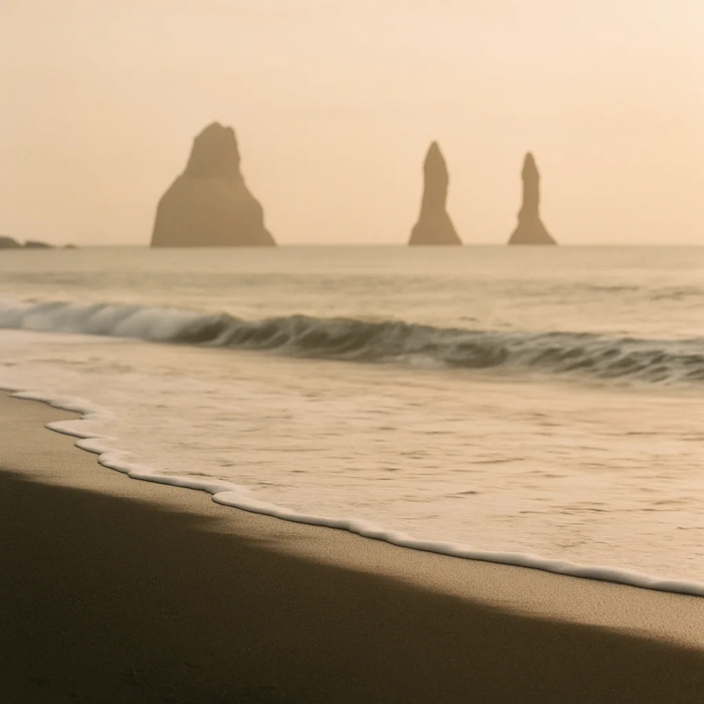 Jigsaw puzzle: A misty morning at a dark sand beach with waves and distant sea stacks.