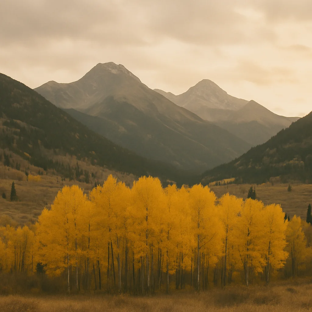 Jigsaw puzzle: Vibrant golden aspen trees in a valley with dark mountains under a muted sky.