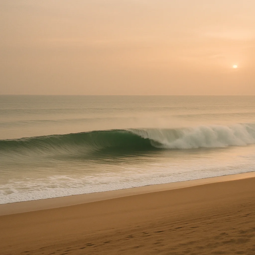 Jigsaw puzzle: A large green ocean wave crests and breaks on a wide sandy beach at sunrise.