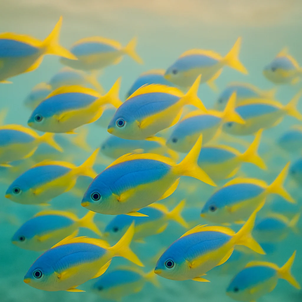 Jigsaw puzzle: A large school of small blue and yellow fish swimming together in clear water.