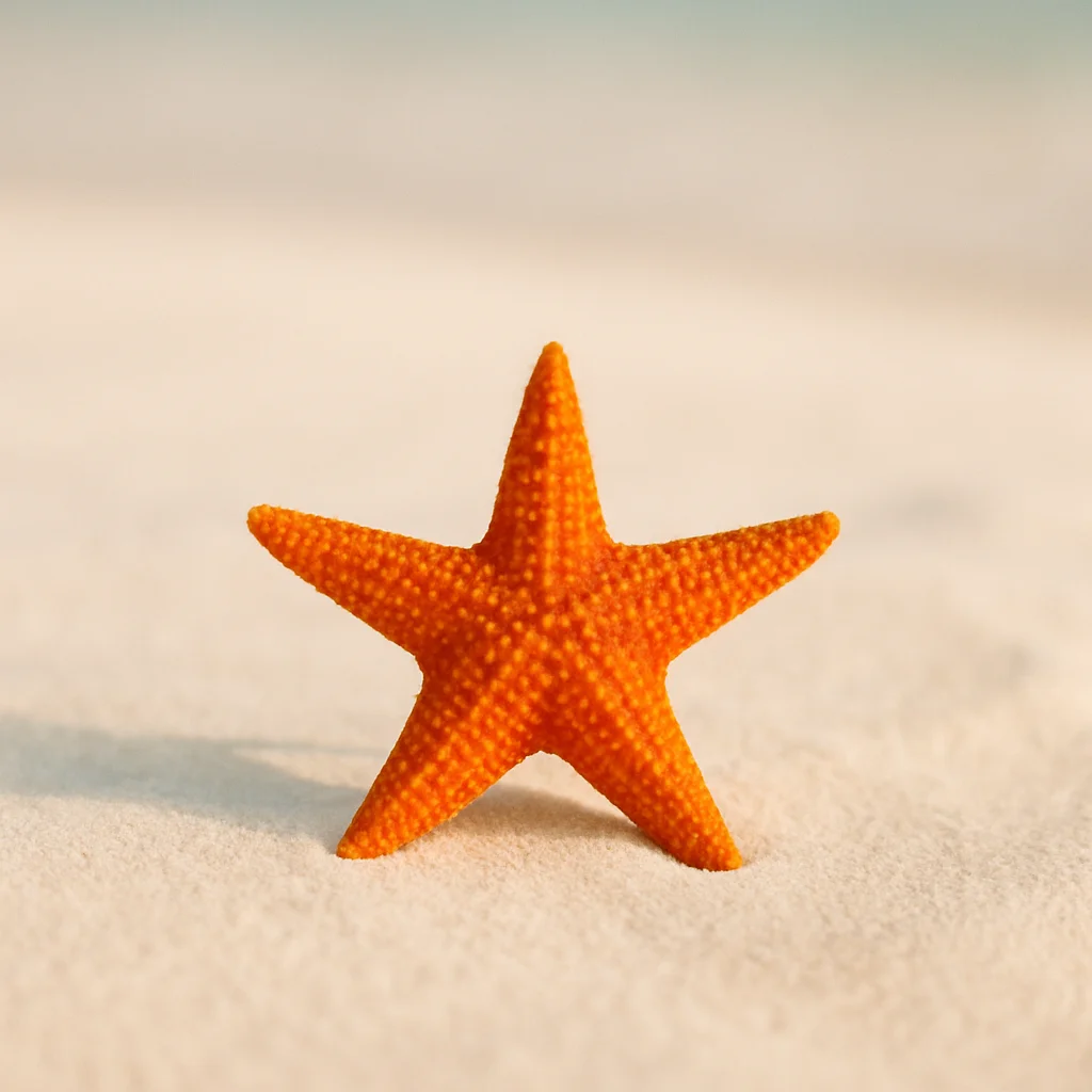 Jigsaw puzzle: A vibrant orange starfish stands upright on light-colored sand with a blurry background.