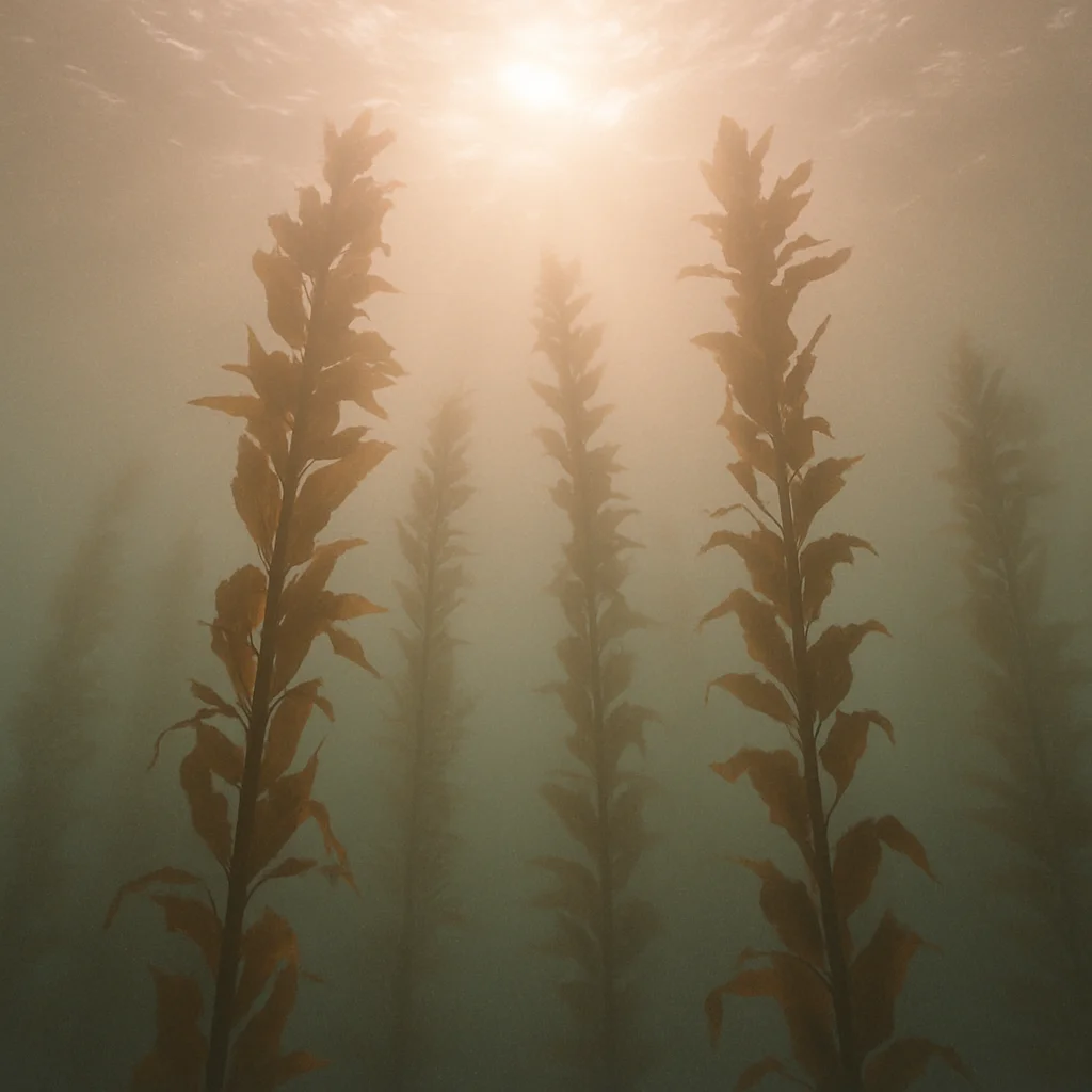 Jigsaw puzzle: Tall, leafy kelp stalks rise from the ocean floor towards bright sunlit surface.