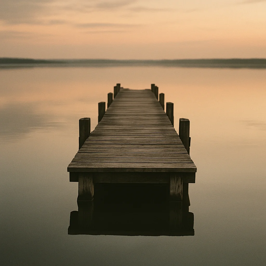 Jigsaw puzzle: A long wooden pier extends straight into tranquil water under a hazy, orange-toned sky.