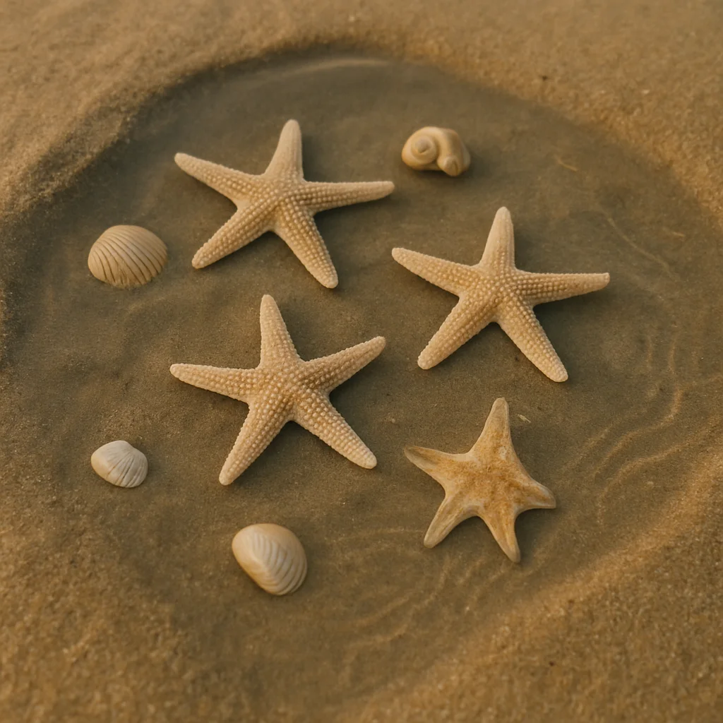 Jigsaw puzzle: Four starfish and several small seashells rest in a shallow pool on wet sand.
