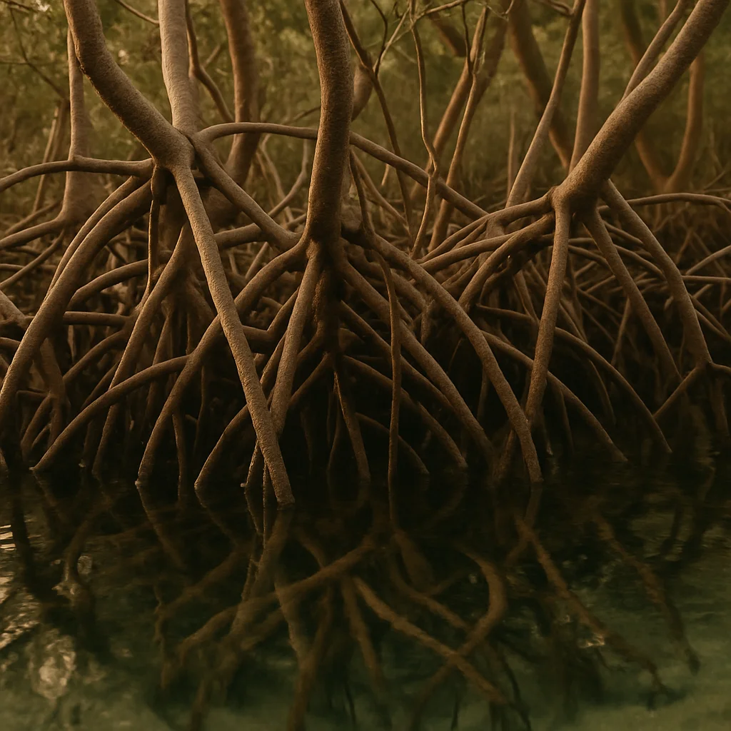 Jigsaw puzzle: Numerous brown mangrove roots emerge from dark water, their reflections visible below.