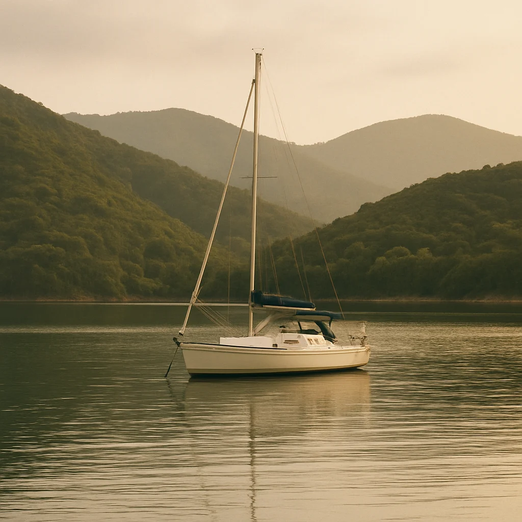 Jigsaw puzzle: A white sailboat with a blue cover rests on calm water before hazy green mountains.