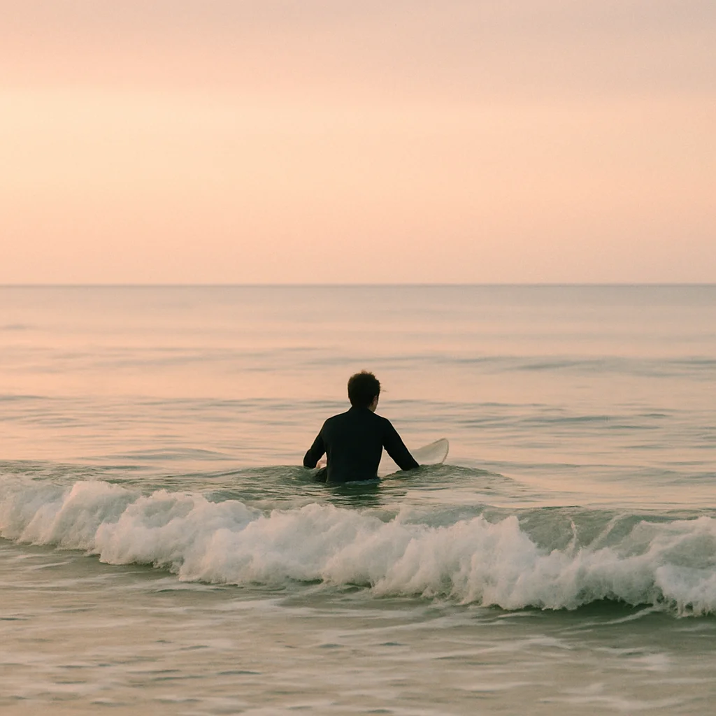 Jigsaw puzzle: A surfer in a wetsuit sits on a surfboard in calm ocean water at dawn.