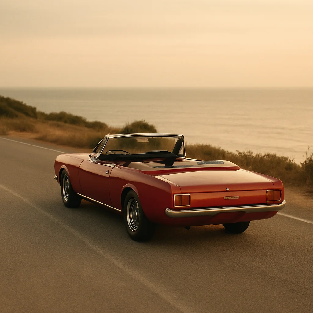 Jigsaw puzzle: A vintage red convertible car drives along a coastal road with the ocean in the background.