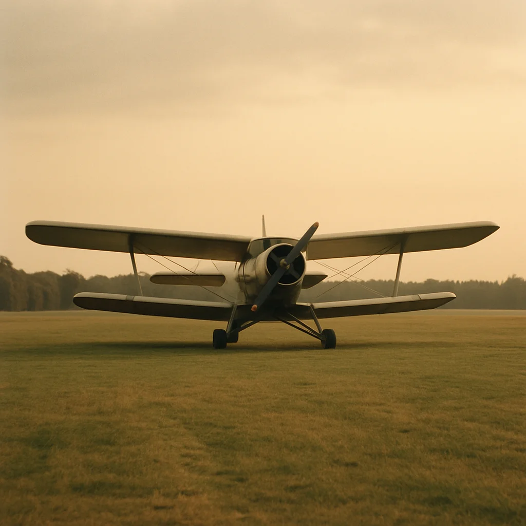 Jigsaw puzzle: A vintage biplane with a propeller stands on a green grassy airfield under a hazy sky.