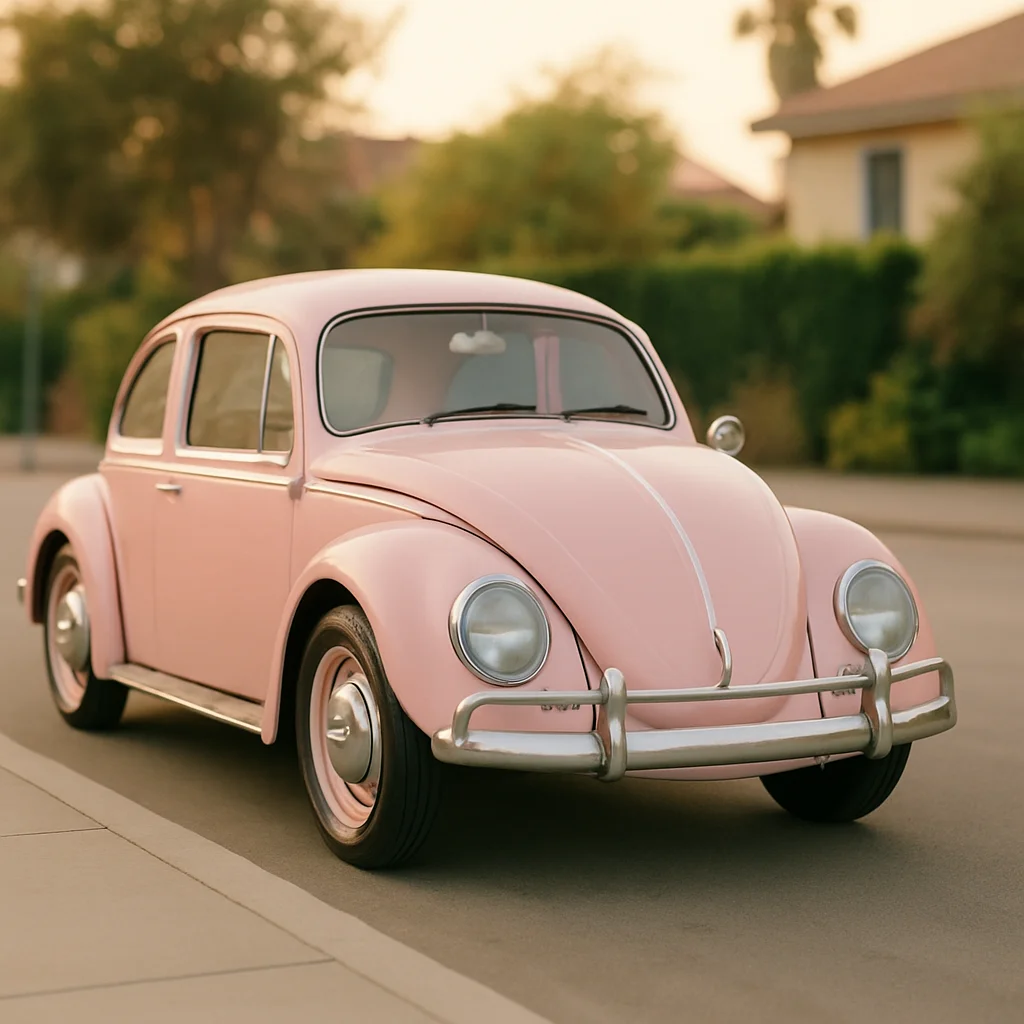 Jigsaw puzzle: A light pink vintage Volkswagen Beetle car is parked on a suburban street at dusk.