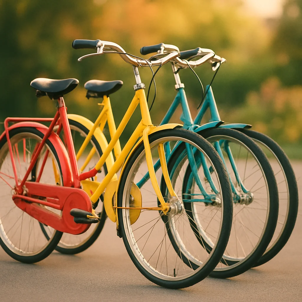 Jigsaw puzzle: Three bicycles in red, yellow, and blue are parked side-by-side on a paved path.