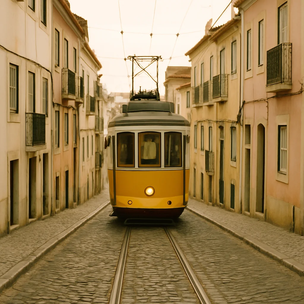 Jigsaw puzzle: A classic yellow tram ascends a narrow, cobbled street in a historic European city.