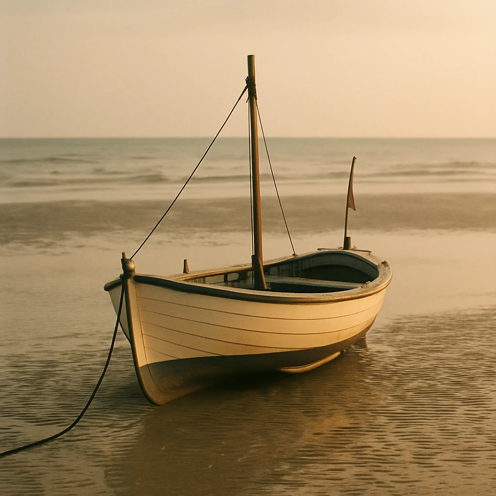 Jigsaw puzzle: A small white and blue wooden boat floats gently on calm, shallow water at sunset.