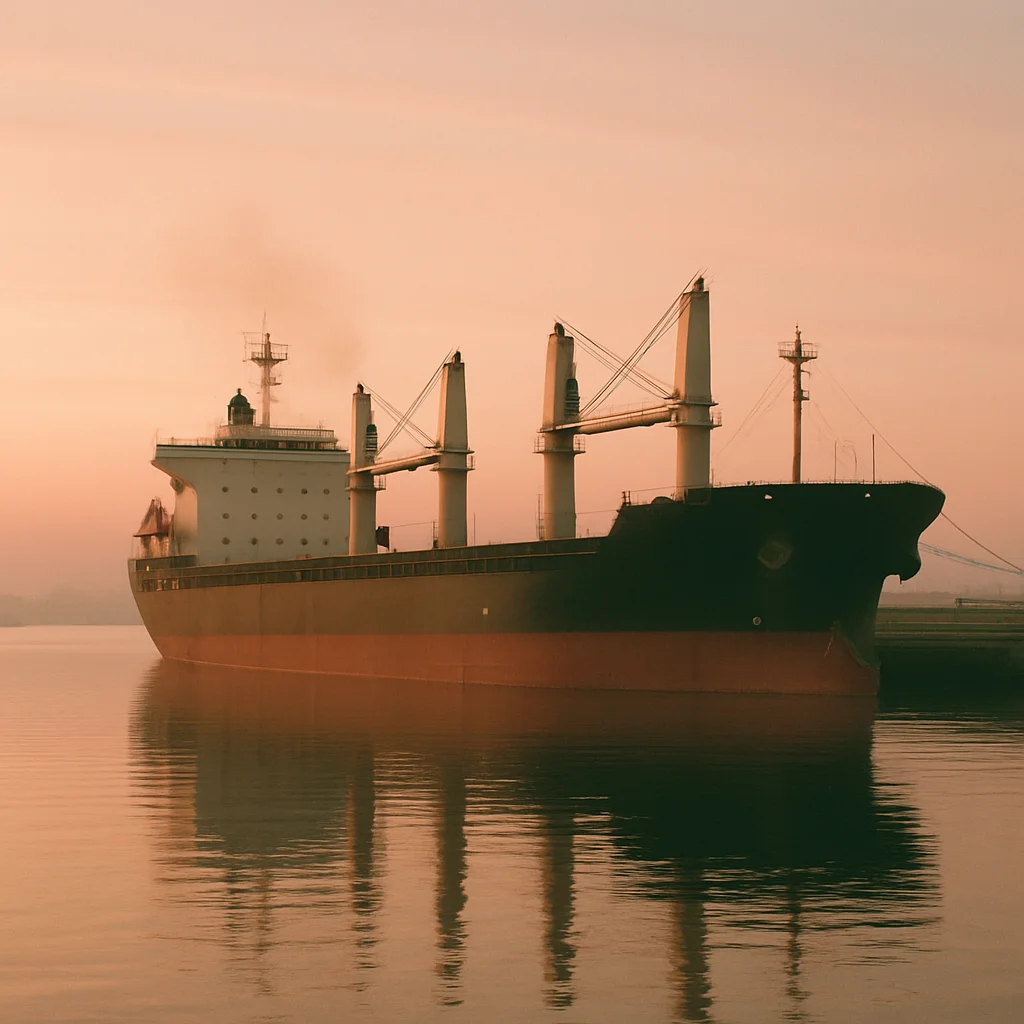 Jigsaw puzzle: A large cargo ship with red hull on calm water under a warm sky.