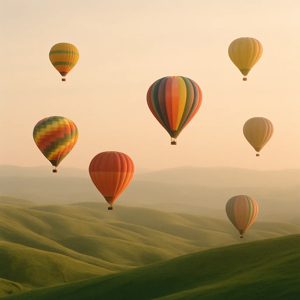 Jigsaw puzzle: Seven colorful hot air balloons float above rolling green hills under a golden sky.