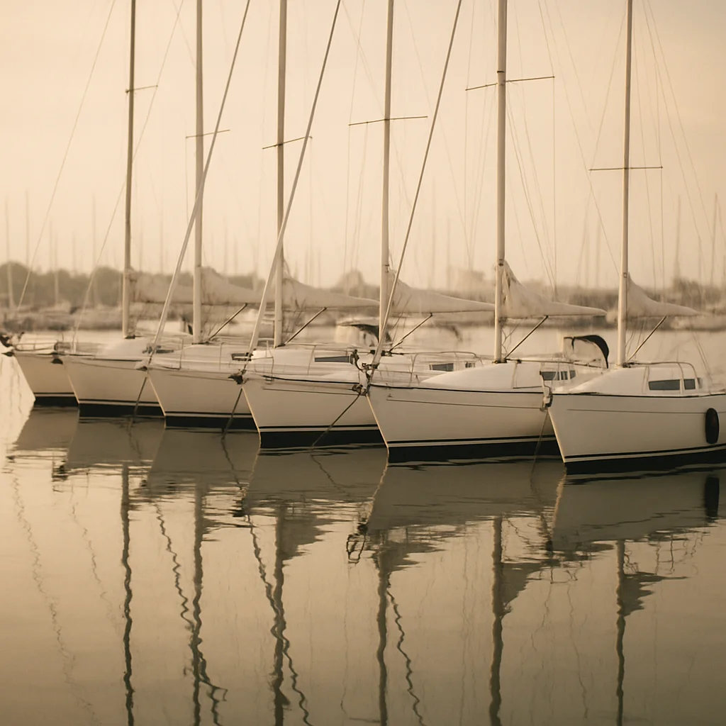 Jigsaw puzzle: Several white sailboats are docked in a marina, their masts reflecting in calm water.