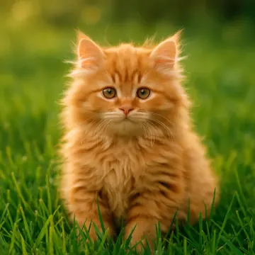 Jigsaw puzzle: A fluffy orange kitten with big eyes sits in vibrant green grass.