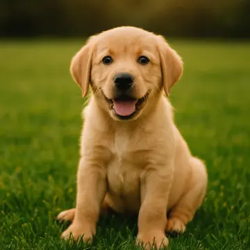 Jigsaw puzzle: A cute golden retriever puppy sits on green grass, smiling happily at the camera.