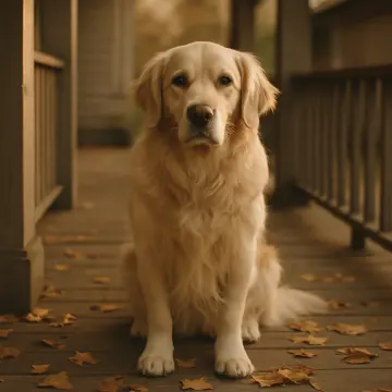 Jigsaw puzzle: A beautiful Golden Retriever dog sits patiently on a wooden porch with scattered autumn leaves.