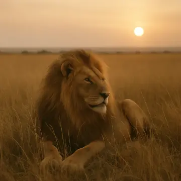 Jigsaw puzzle: A male lion with a magnificent mane rests in golden savanna grass at sunset.