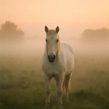 Jigsaw puzzle: A white horse stands in a misty field at sunrise or sunset, looking directly forward.