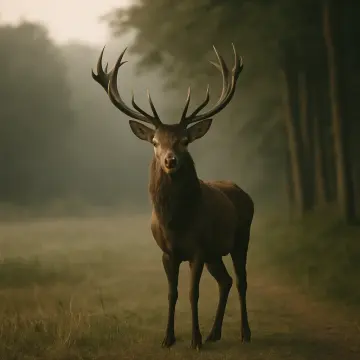 Jigsaw puzzle: A majestic stag with large antlers stands on a path in a misty, muted forest.