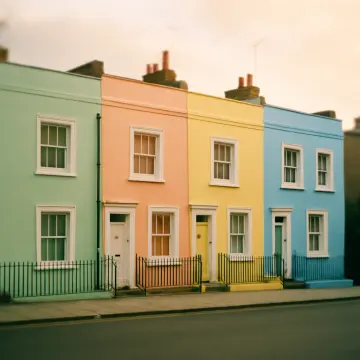 Jigsaw puzzle: A row of four terraced houses painted in pastel green, peach, yellow, and blue.