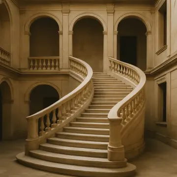 Jigsaw puzzle: A grand, curved stone staircase with balustrades and arches in a sepia-toned building interior.