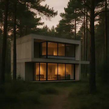 Jigsaw puzzle: A modern two-story concrete house with warm lights glows within a dark pine forest.