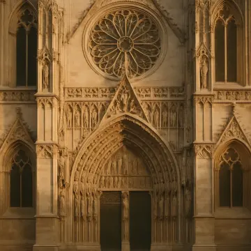 Jigsaw puzzle: Close-up of a grand Gothic cathedral facade with a rose window and intricately carved entrance.
