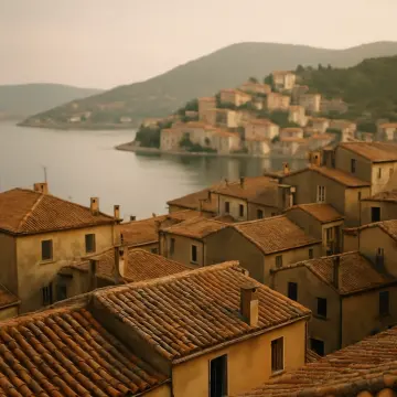 Jigsaw puzzle: Terracotta roofs of a hillside village overlooking a serene bay with distant mountains under a soft sky.