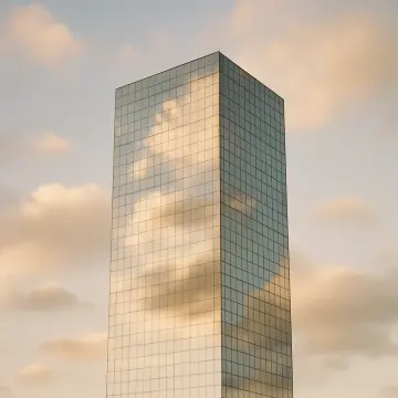 Jigsaw puzzle: A tall, modern glass skyscraper reflecting clouds and a soft sky at sunset.