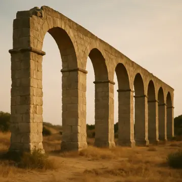 Jigsaw puzzle: A long, ancient stone aqueduct with multiple arches stands against a warm, clear sky.