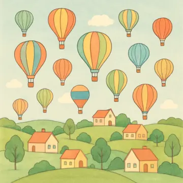 Jigsaw puzzle: Numerous pastel hot air balloons float above a quaint village nestled among green hills.