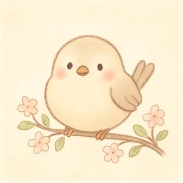 Jigsaw puzzle: A cheerful, round cartoon bird with rosy cheeks sits on a branch with pink flowers.