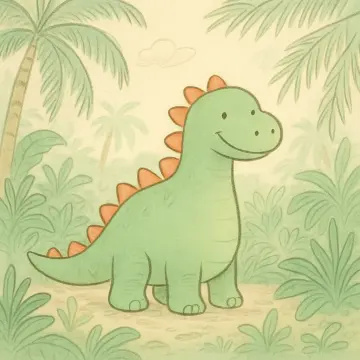 Jigsaw puzzle: A smiling green cartoon dinosaur with orange spikes stands in a prehistoric jungle scene.