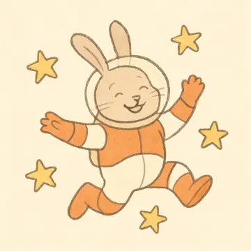 Jigsaw puzzle: A smiling cartoon rabbit in an orange and white astronaut suit floats among yellow stars.