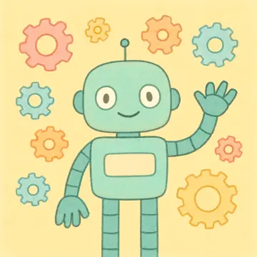 Jigsaw puzzle: A smiling teal robot waves, surrounded by colorful gears on a textured yellow background.