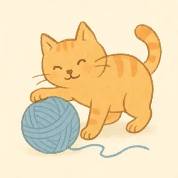 Jigsaw puzzle: A charming cartoon orange tabby cat happily pounces on a large blue ball of yarn.