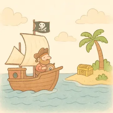 Jigsaw puzzle: A friendly cartoon pirate sails his ship towards a small island with a palm tree and treasure chest.