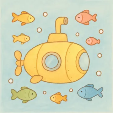 Jigsaw puzzle: A cute cartoon yellow submarine floats underwater, surrounded by colorful fish and white bubbles.