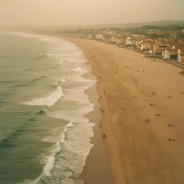 Jigsaw puzzle: An aerial view of a long sandy beach with waves, people, and a coastal town.