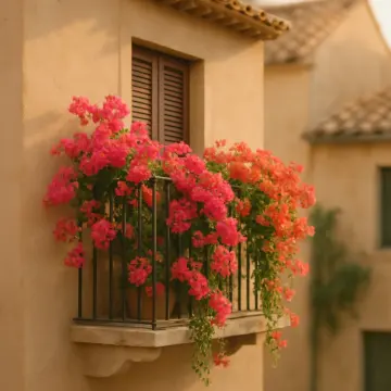 Jigsaw puzzle: A charming balcony on a beige building overflowing with vibrant pink and orange bougainvillea.