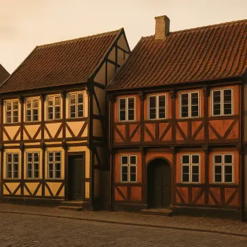 Jigsaw puzzle: Two traditional half-timbered houses with tiled roofs stand on a cobblestone street.