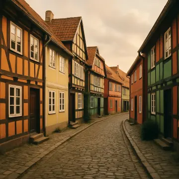 Jigsaw puzzle: A curved cobblestone street lined with colorful half-timbered houses under an overcast sky.