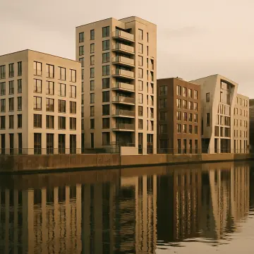 Jigsaw puzzle: A row of modern apartment buildings with balconies reflecting in calm water under an overcast sky.